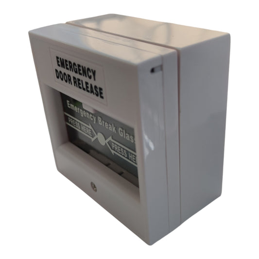 A white plastic emergency door release device with a front label reading 'EMERGENCY DOOR RELEASE' and a glass-breaking release window showing directional instructions.