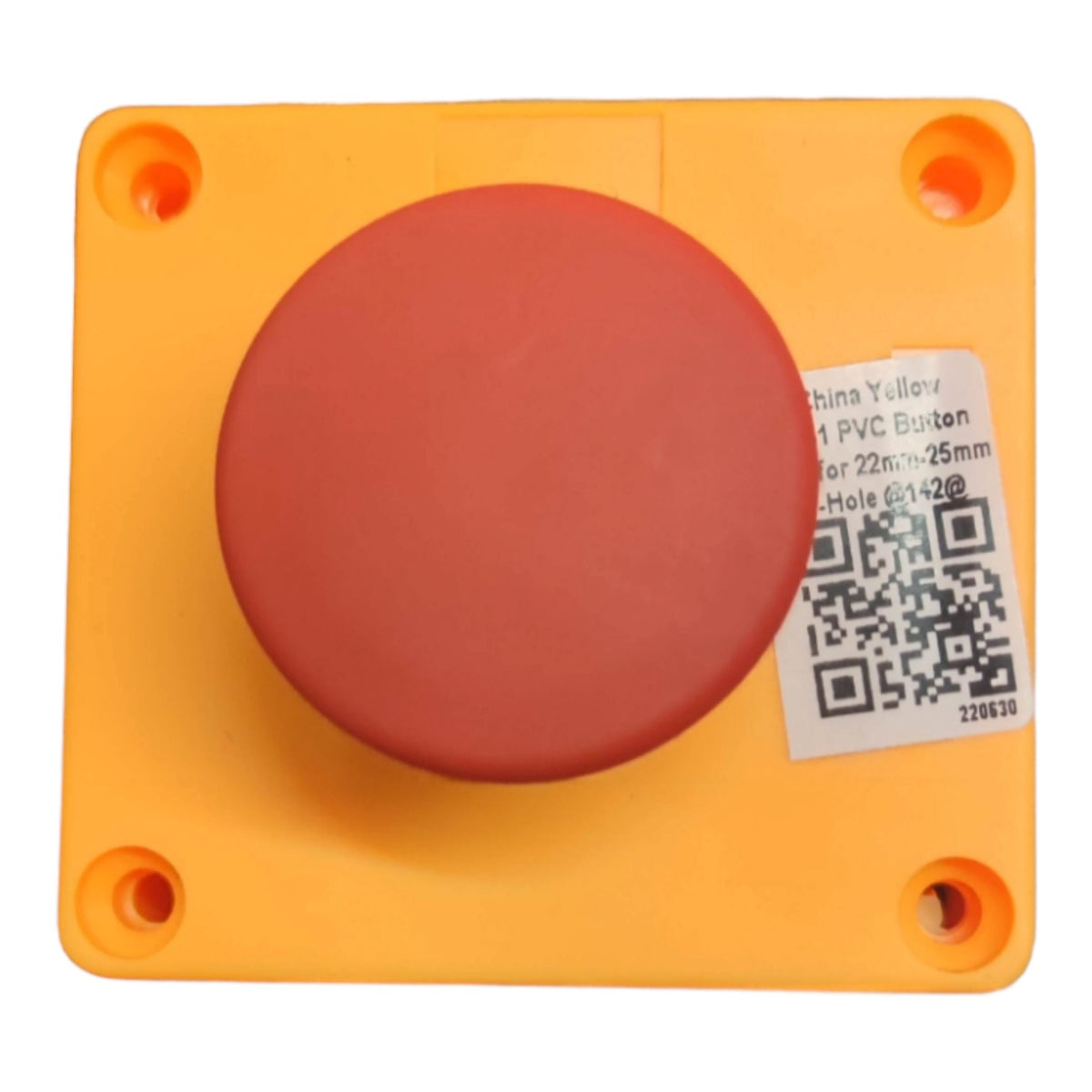 A square orange-yellow industrial PVC button panel with a large round red push-button in the center and a white product label sticker on the right side.