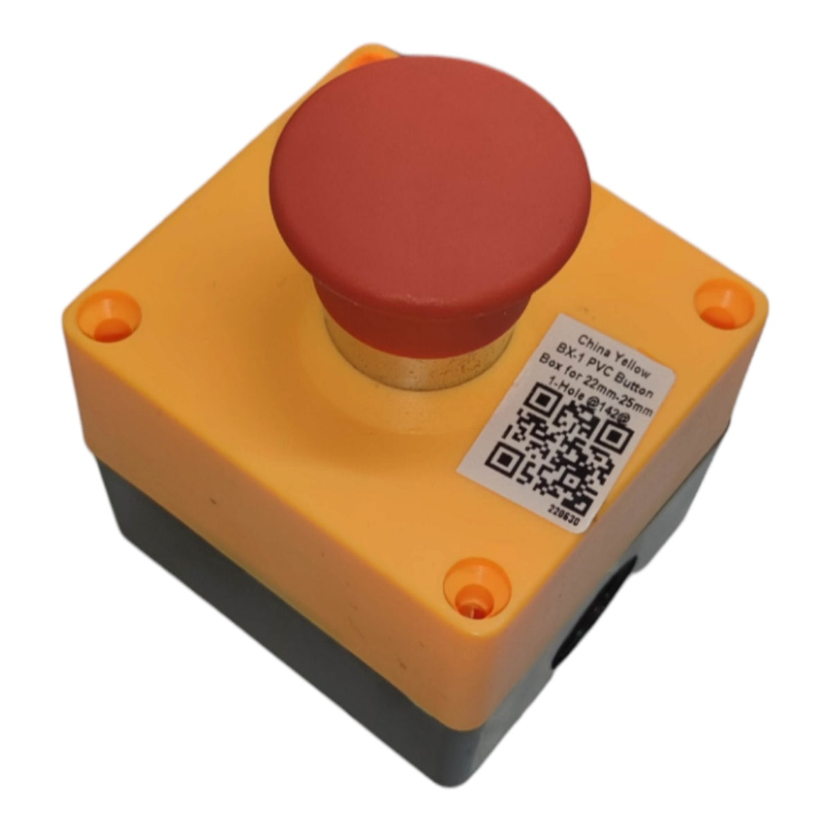 A square industrial emergency stop button with a red top and a yellow housing, featuring a black base and a white product label with a QR code.