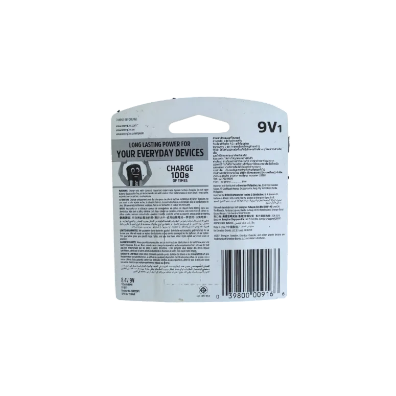 Energizer 9V rechargeable battery packaging with charging instructions and product details
