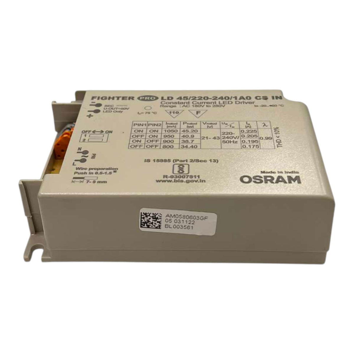 An industrial electronic module by OSRAM, model LD 45/220-240/1A0 CS IN, with a beige metal casing, technical specifications printed on top, and a white QR code label near the bottom.