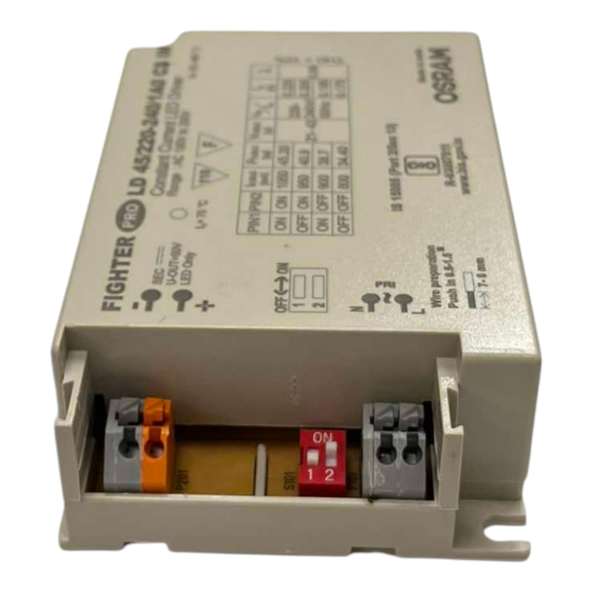 An Osram FIGHTER PRO LD 43220-3481-001 LED driver module, shown on a plain white background. The device is beige with printed technical specifications and a red ON/1-2 terminal connector at the front.