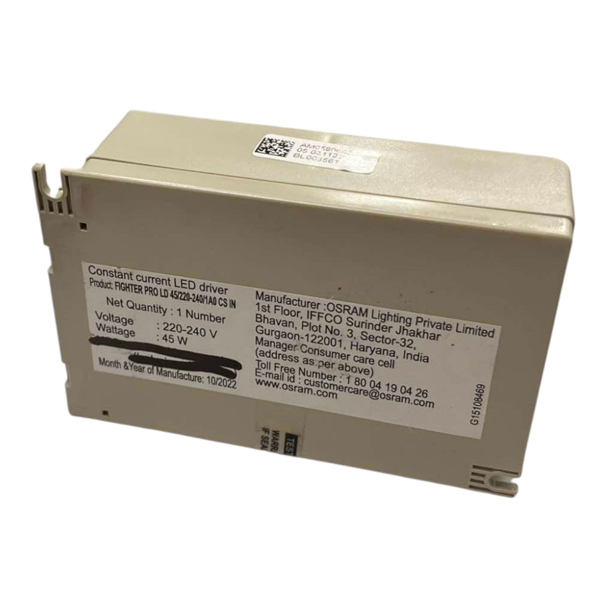 An OSRAM constant current LED driver module, model FGT LR 6020A-360V-120W, shown on a plain white background. The device is beige with white printed labels containing product specifications and manufacturer details.