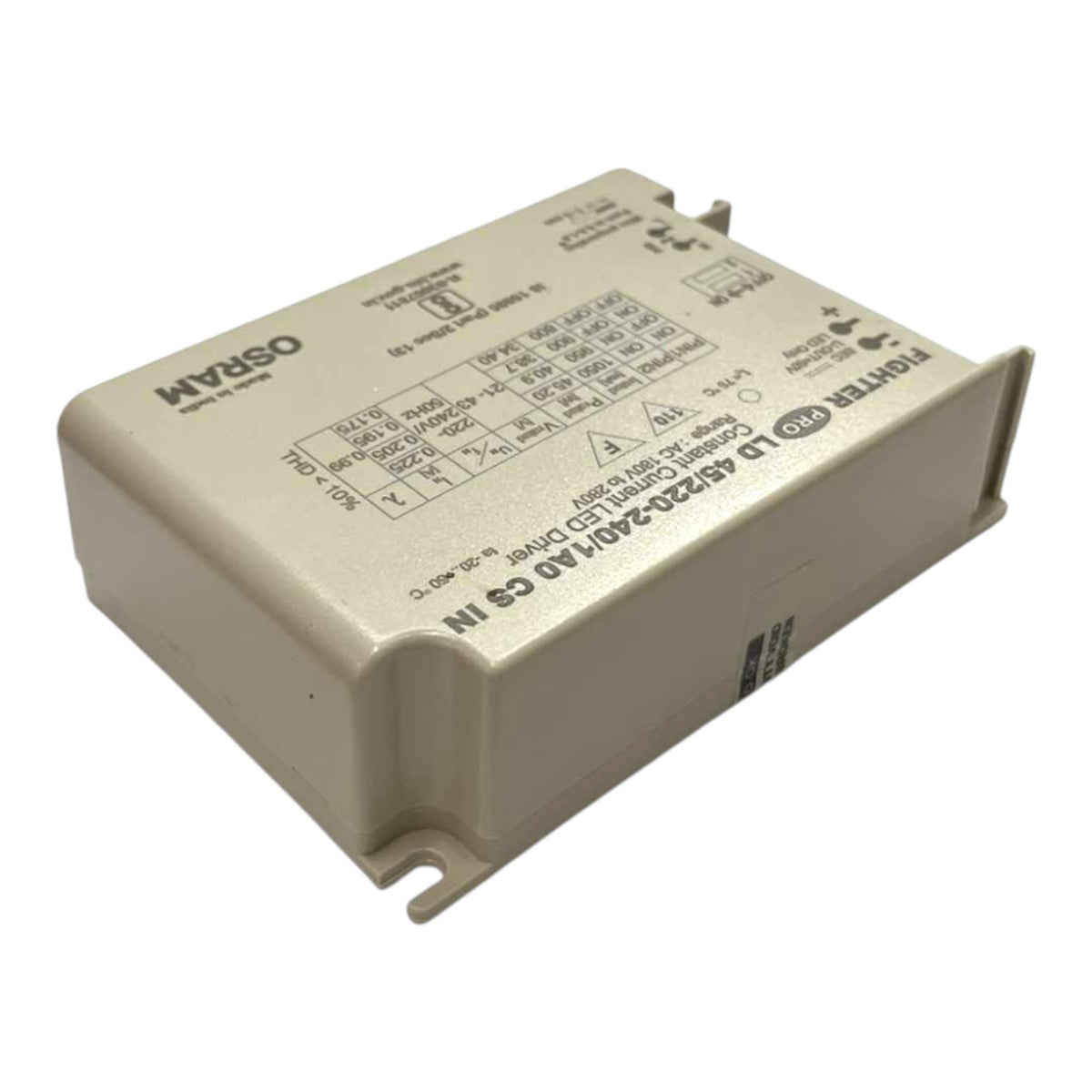 An Osram FIGHTER LED driver module, model 1S 40V220V/240V/480V DC IN, in a beige plastic housing with printed technical specifications and branding.