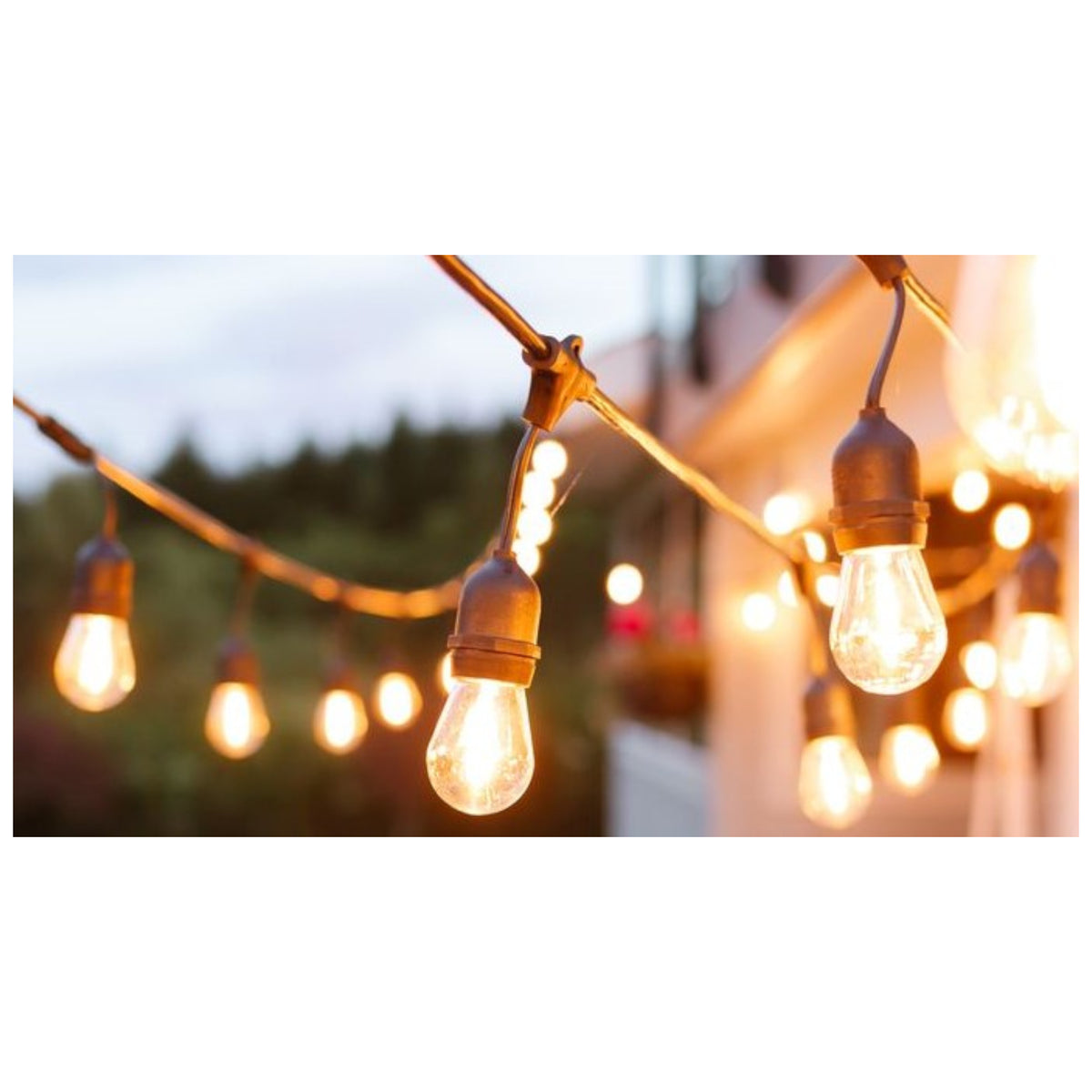 String of outdoor lights with a warm glow against a blurred background