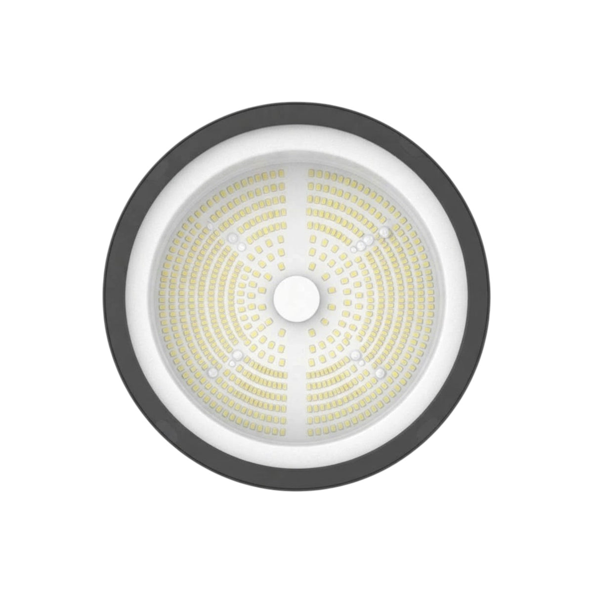 A circular high-bay LED floodlight with a dark gray outer frame and a white inner reflector housing numerous yellow-gold LED chips, shown against a plain white background.