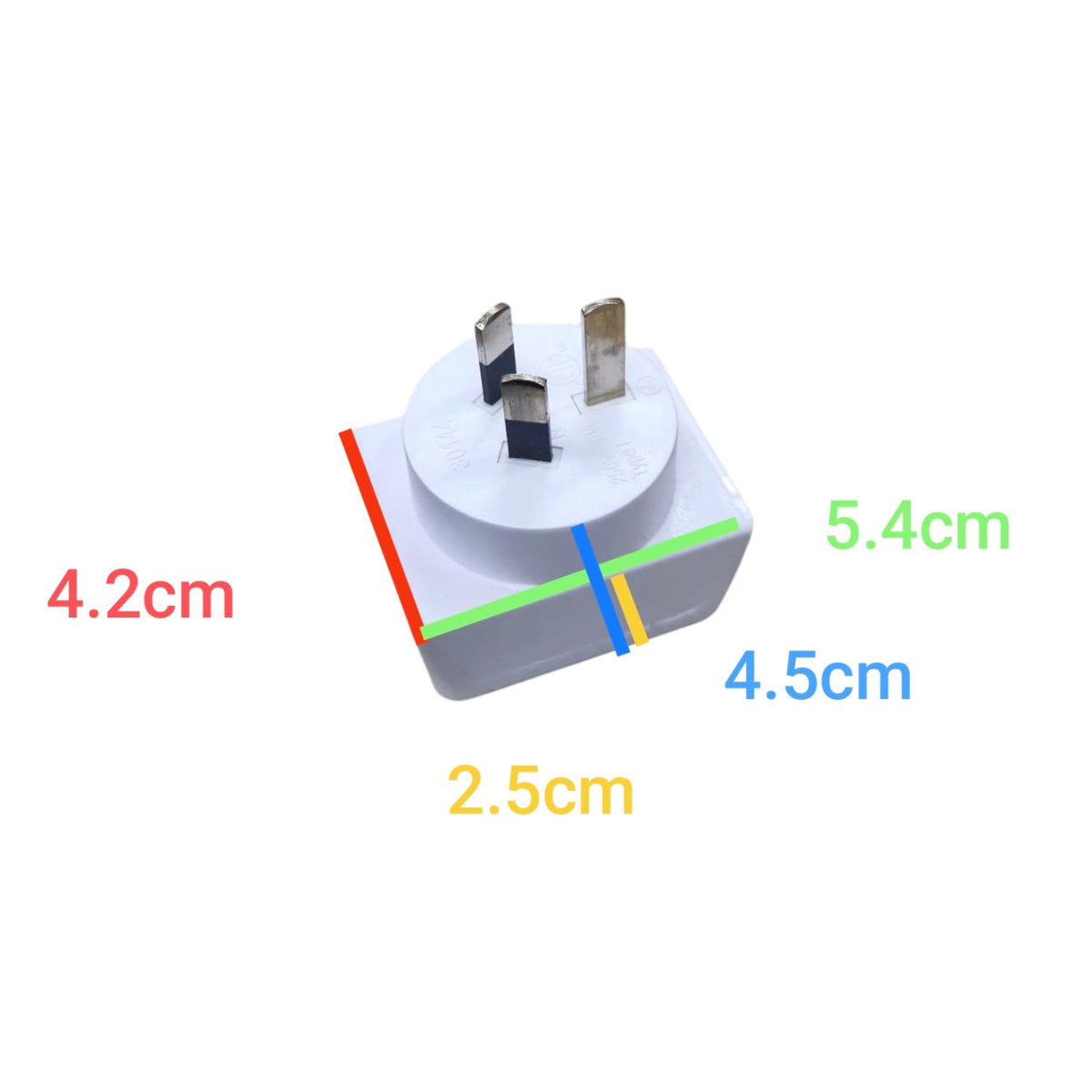 A white three-prong wall plug adapter shown on a white background with colored measurement lines and labels indicating dimensions: 4.2cm, 5.
