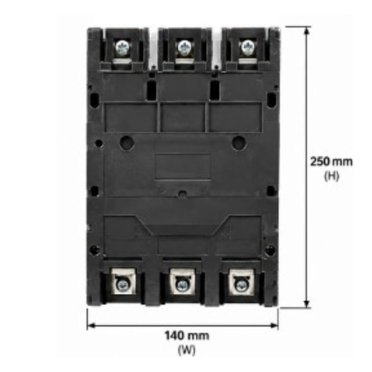 A black electrical contactor or relay component shown from the back, with dimension annotations indicating a height of 250 mm and a width of 140 mm on a white background.