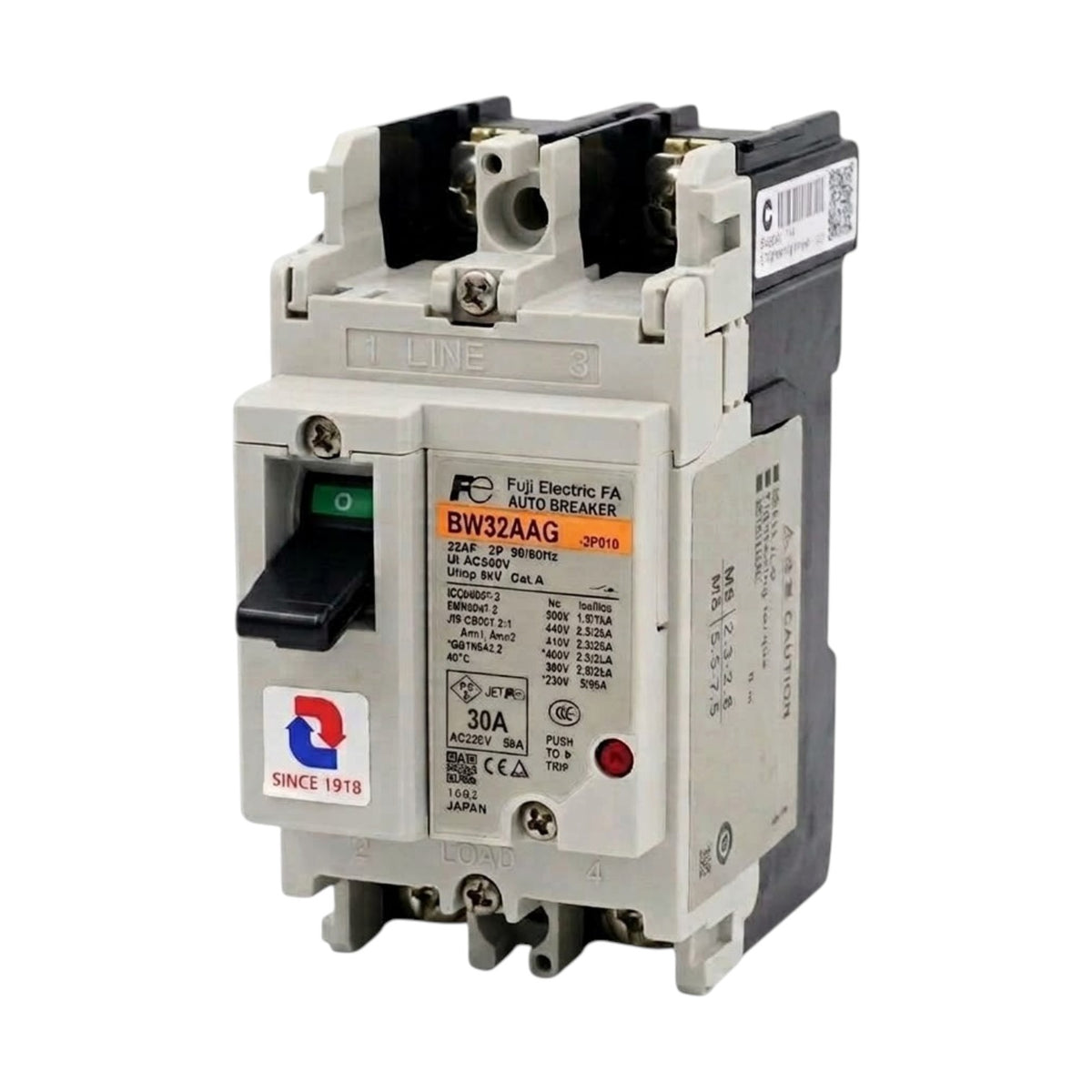 A RQ brand BW32AAG full electric fault switch breaker, featuring a light gray plastic housing, black terminal covers, a black switch handle with a green 'on' indicator, and various technical labels and stickers.