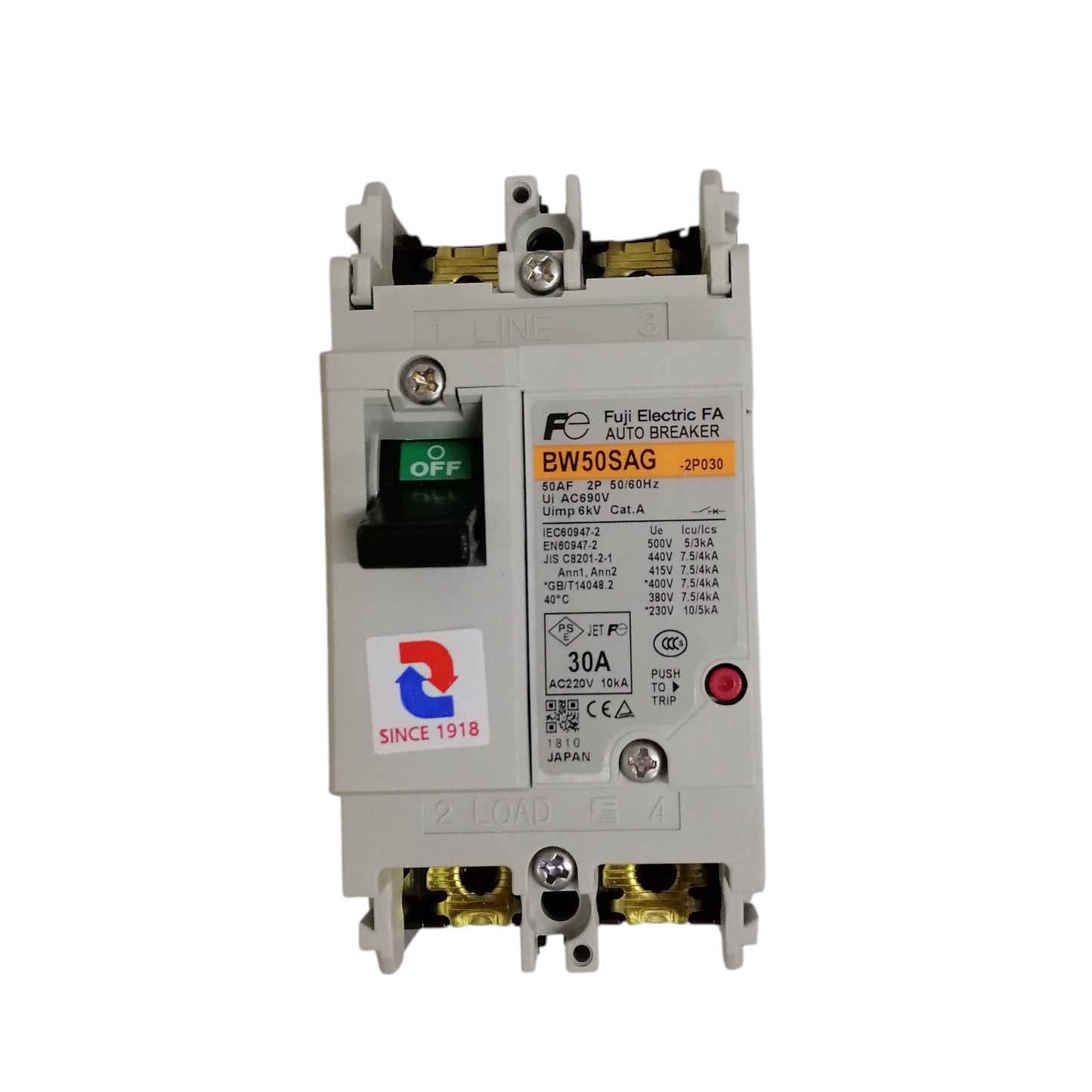 Fuji 30A 2P molded case circuit breaker. White Fuji two pole industrial circuit breaker for panel protection