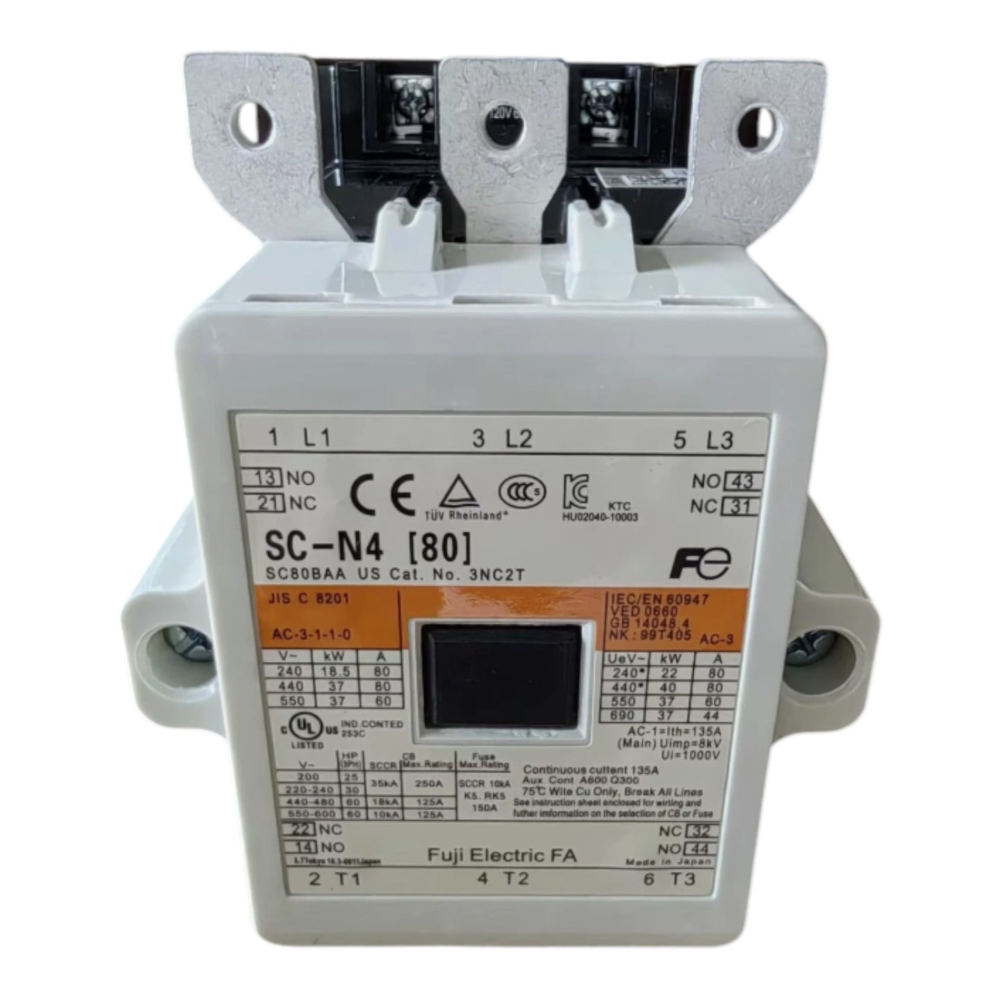 Electrical component with labels and certifications on a white background