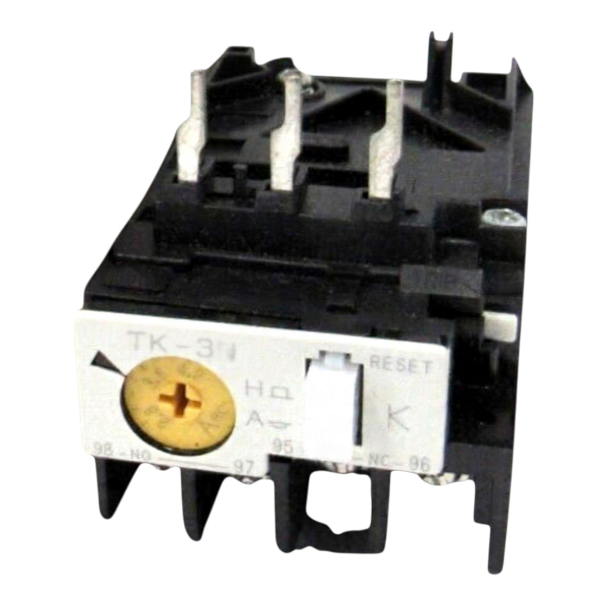 A black plastic thermal overload relay, model TK-2N, with a white front terminal cover showing a gold-colored dial and white switch components, isolated on a white background.