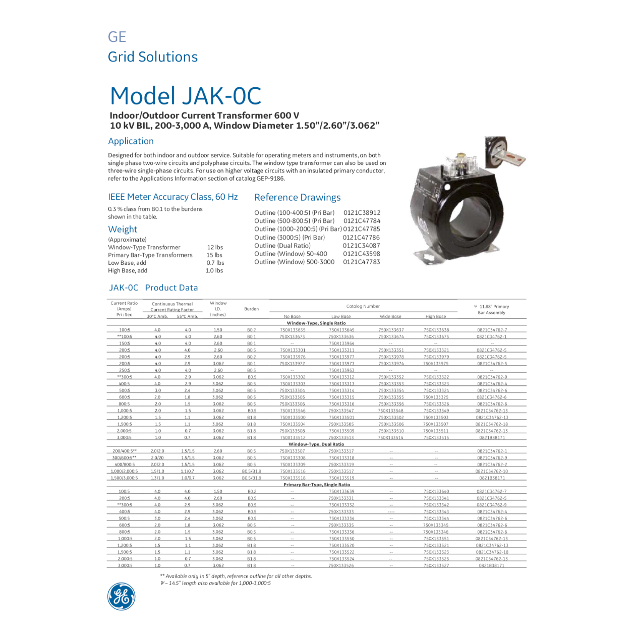 GE 500:5A Current Transformer JAK-0C With ERC Certification