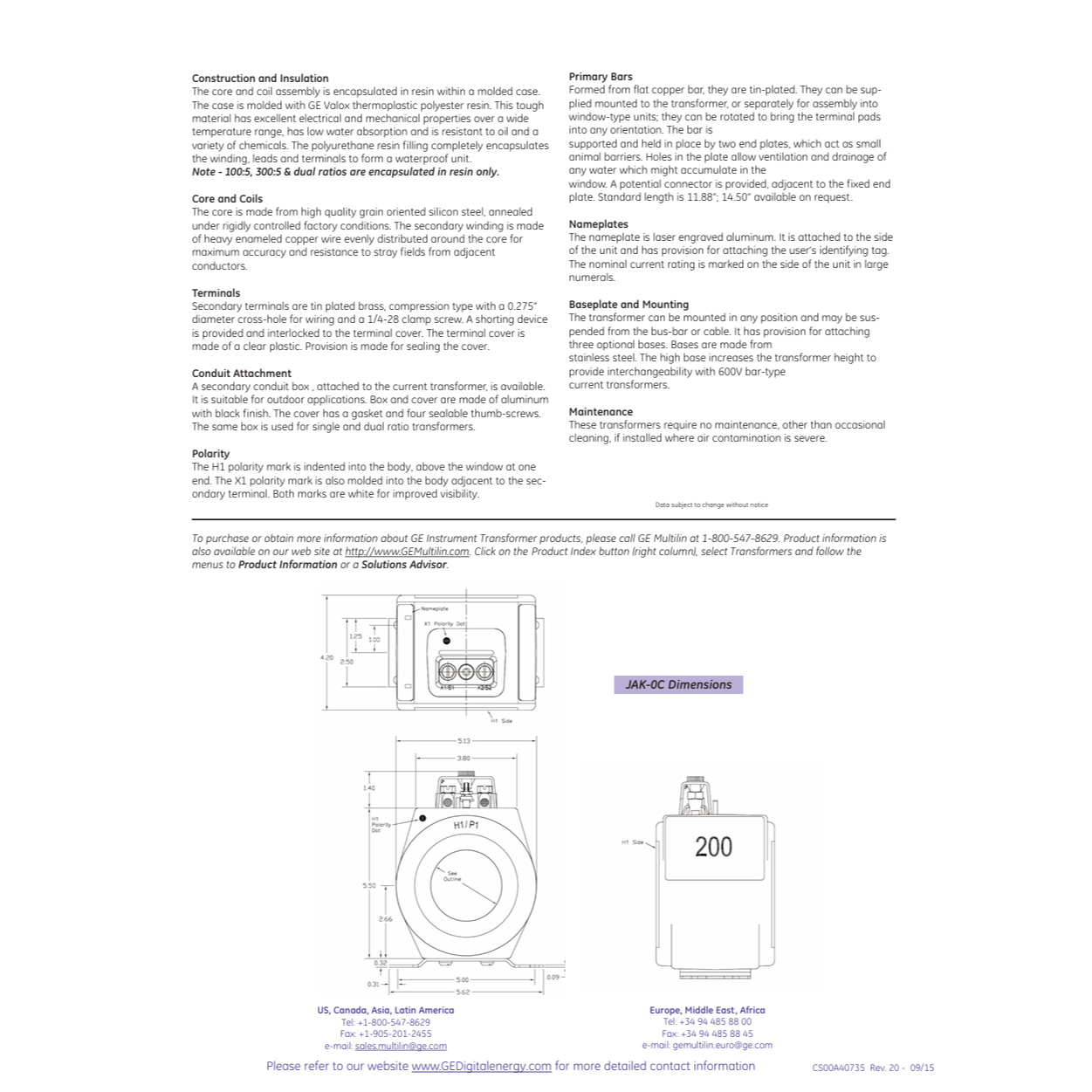 GE 500:5A Current Transformer JAK-0C With ERC Certification