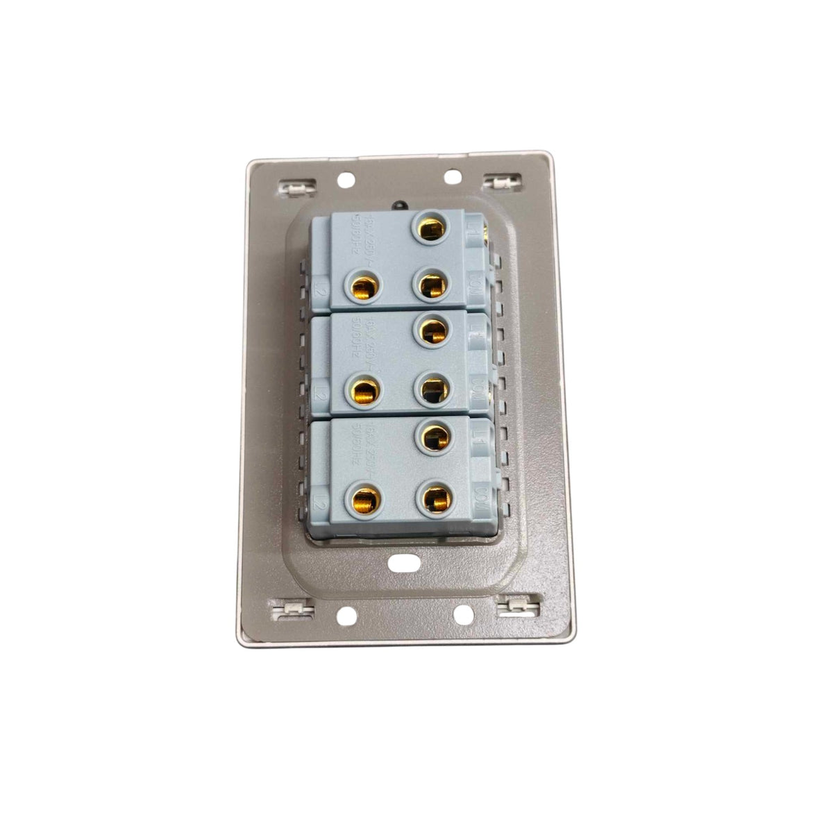 A 6-pin modular electrical connector block with a light gray plastic body and gold-plated pins, mounted on a square metallic silver plate with screw holes, shown against a plain white background.