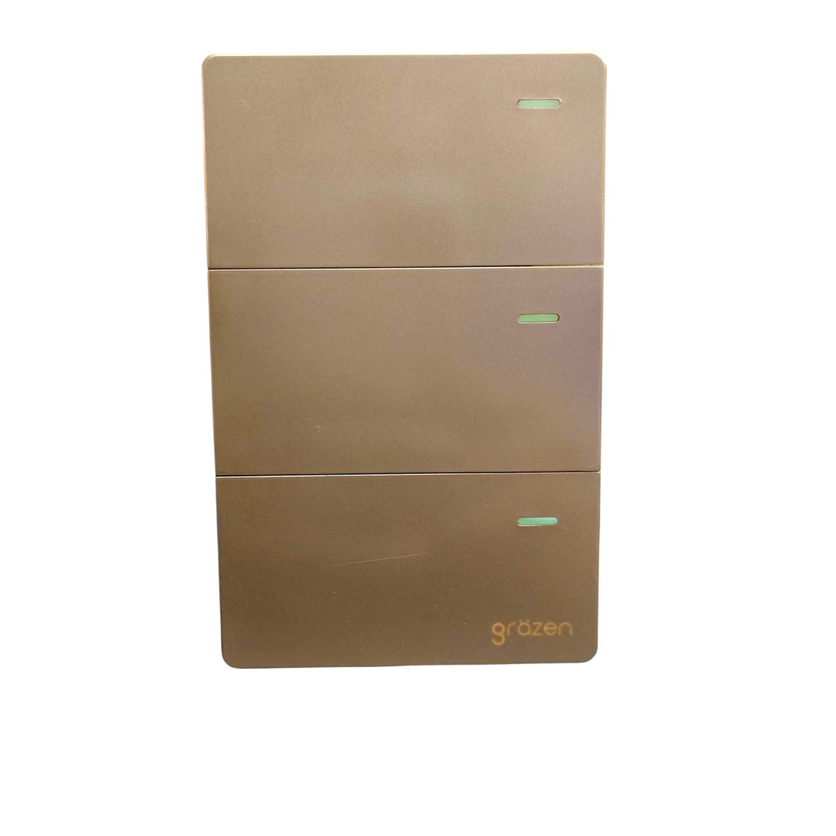 A three-door wall-mounted refrigerator in a metallic champagne-gold finish, featuring a small light green indicator light on each door and the 'gräzen' brand logo in gold on the bottom right of the lower door, set against a plain white background.