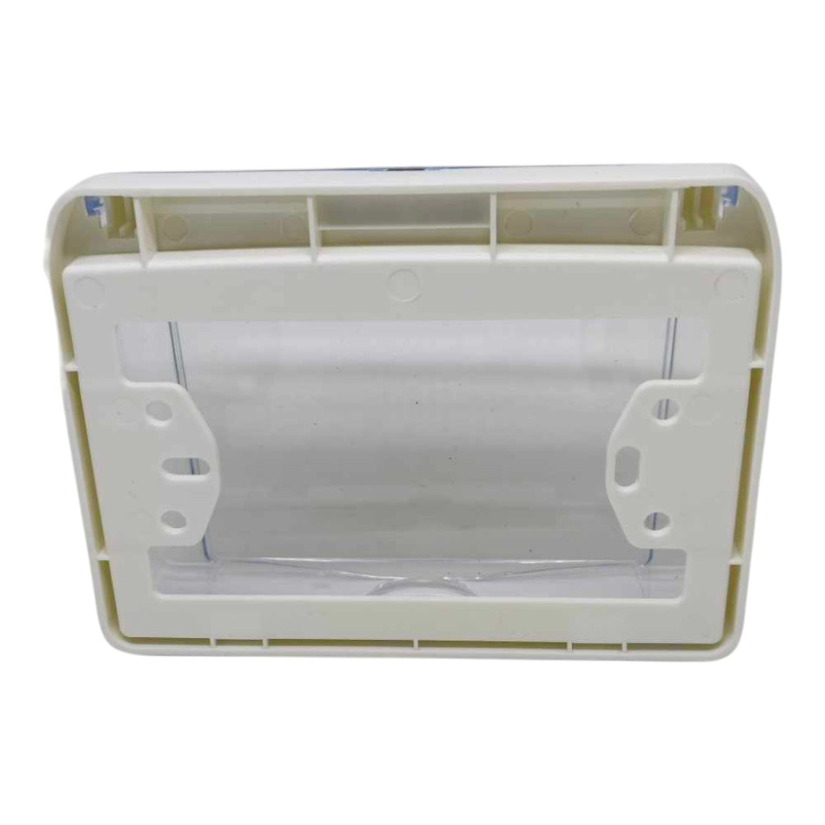 An off-white plastic mounting frame or cover with a clear plastic window in the center, shown against a plain white background.