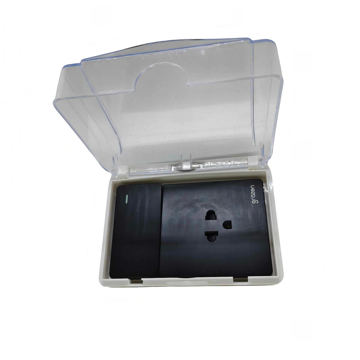 A waterproof plastic junction box with a transparent hinged lid, shown open to reveal a black electrical outlet inside, on a white background.