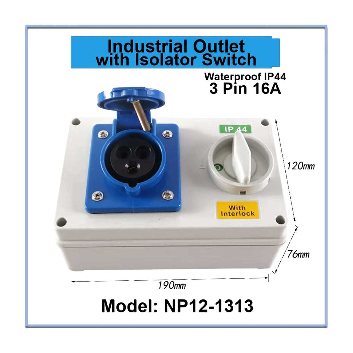 Grippes 16A 2P+E 230V AC 6H Industrial Outlet with Isolator Switch NP12-1313
