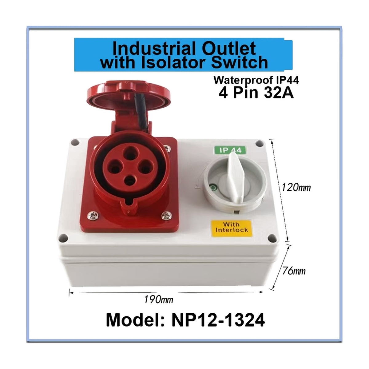 Grippes 32A 3P+E 415V AC 6H Industrial Outlet with Isolator Switch NP12-1324