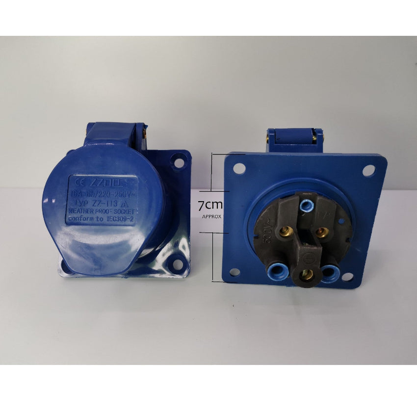 Two blue electrical connectors on a white background with a measurement Grippes 16A 2P+E Industrial Outlet Chassis 6h 250V ( 3 Pins) IP44 IEC309-2 # 313 Electx Electrical Supplycard.