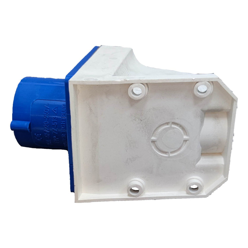 White plastic electrical junction box with blue connector on a white Grippes 16A 2P+E Industrial Plug Wall Type ( 3 Pins ) 6h 250V IEC309-2 # 513 Electx Electrical Supplybackground