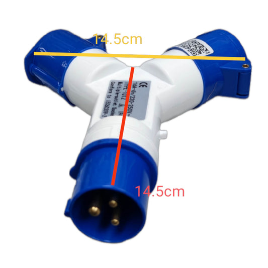 Blue and white electrical connector with measurements on a white background Grippes 16A 2P+E Industrial Splitter Connector 6h 220V ( 3 Pins) IP44 1 Male to 2 Female 1x2 IEC309-2 # 1012 Electx Electrical Supply