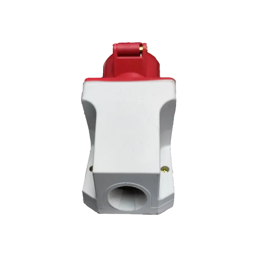 Red and white electrical plug on a white background