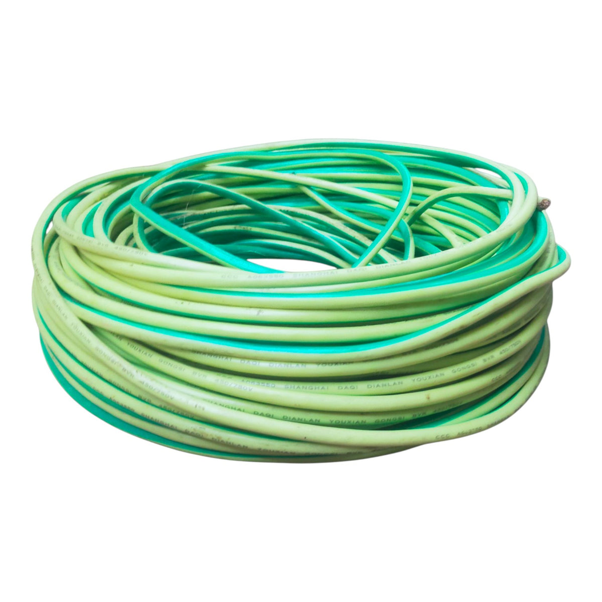 A coiled length of light green garden hose on a plain white background.