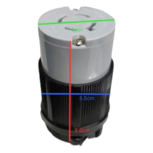 Mechanical component with measurements on a white background Grippes 20A Twist Lock Outlet with Plug Cord Connector Type 3P+E (4P) 250V (NEMA L15) BL1520C & BL1520P, Twistlock Electx Electrical Supply