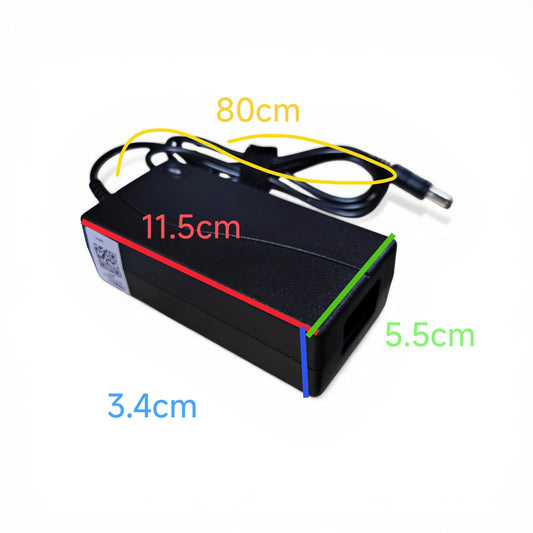 Black power adapter with measurements labeled on a white background