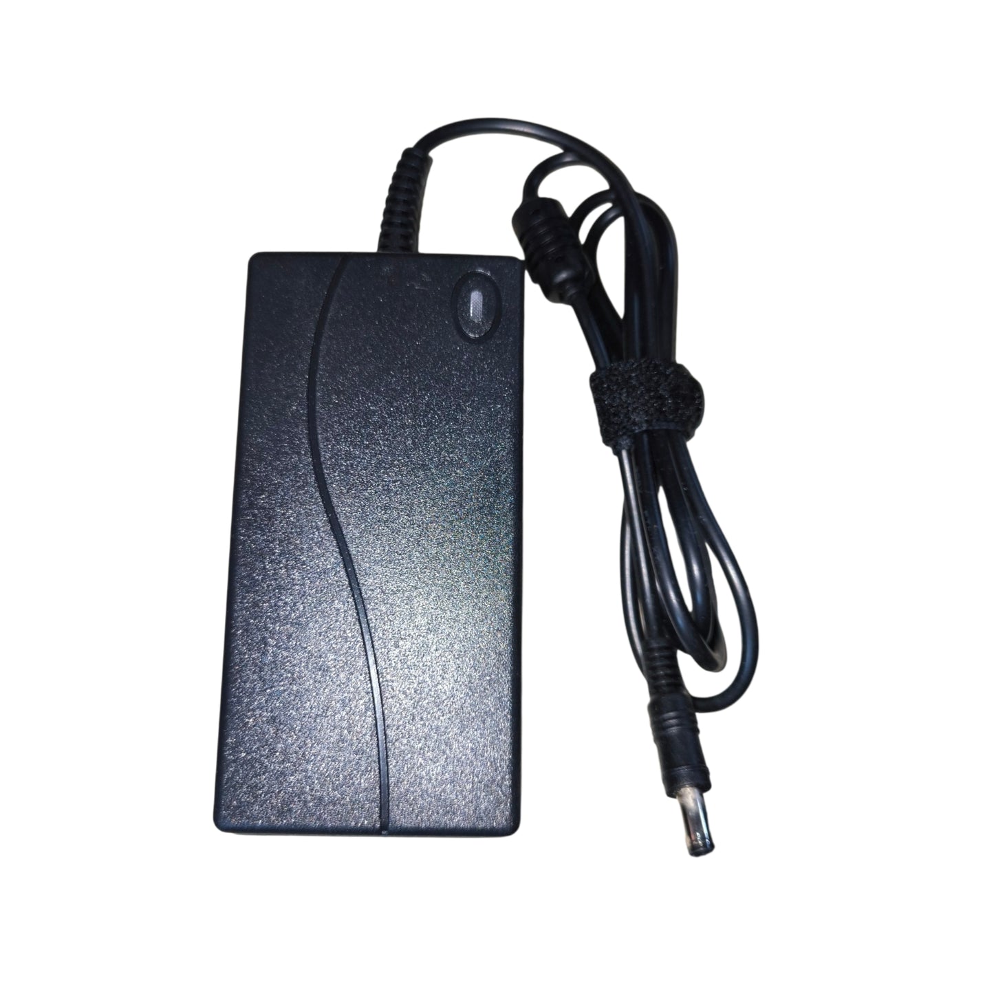 Black power adapter with cable on a white background