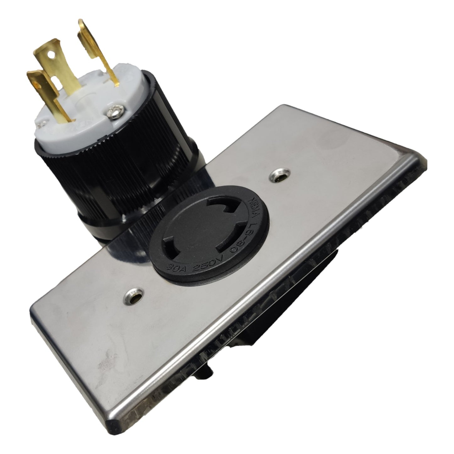 Electrical plug and socket on a white background Grippes 30A Twist Lock Outlet with Plug and Stainless Plate 2P+E (3P) 250V (NEMA L6) WJ6331B and BL-630P and 9221 Electx Electrical Supply