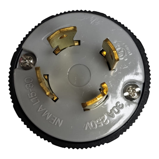 A circular NEMA L15-30 30A 250V electrical outlet connector with gold brass pins and a black textured outer ring, shown on a white background.