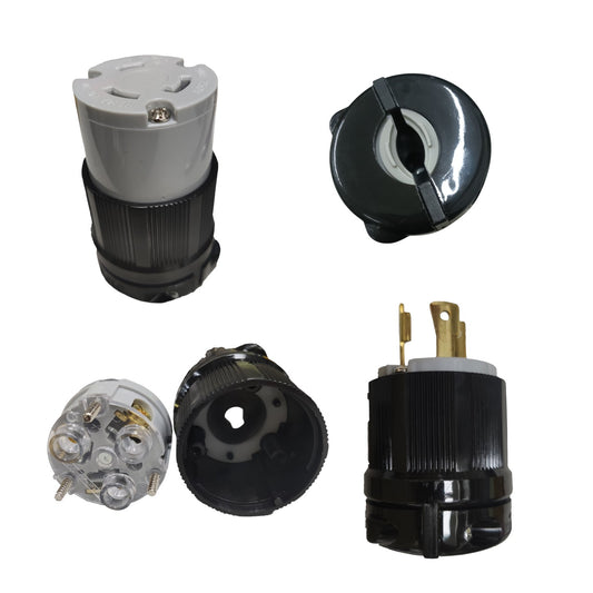 Four views of a heavy-duty electrical outlet connector, showing the front, back, side, and internal terminal details on a plain white background.
