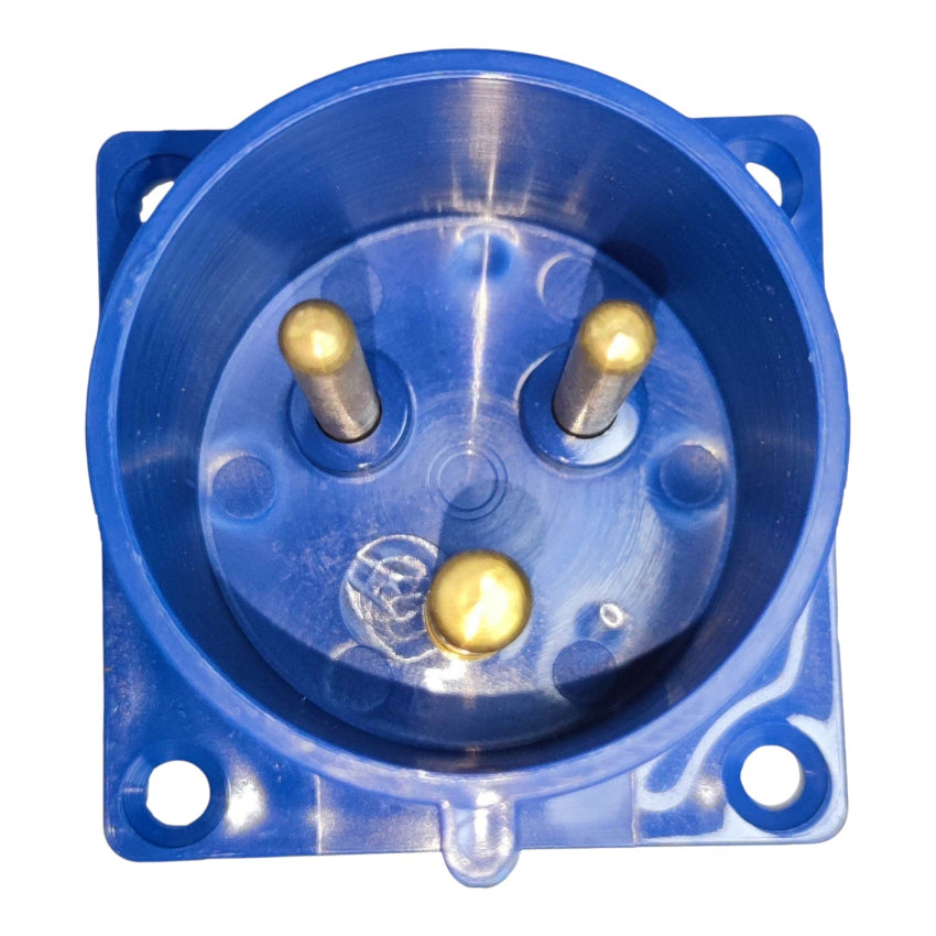 Blue electrical plug with three pins on a white background