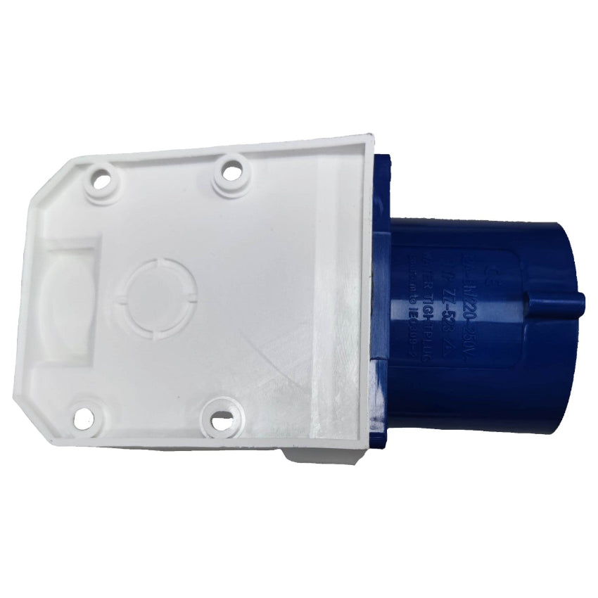 White rectangular junction box with a blue cylindrical component on a white background