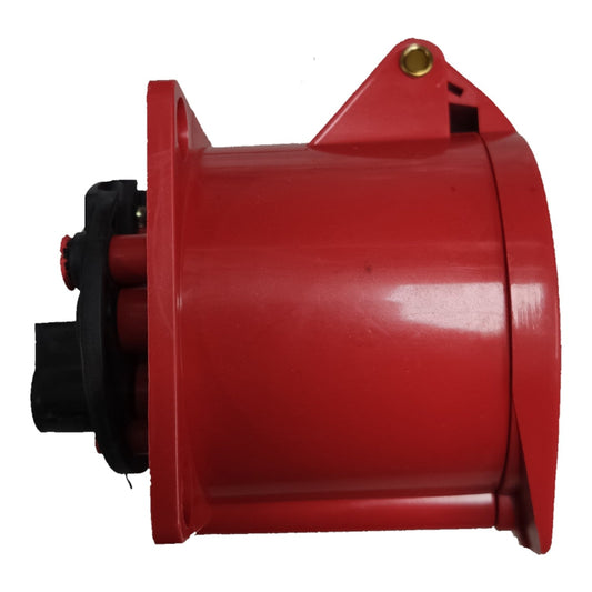 Red mechanical component on a white background