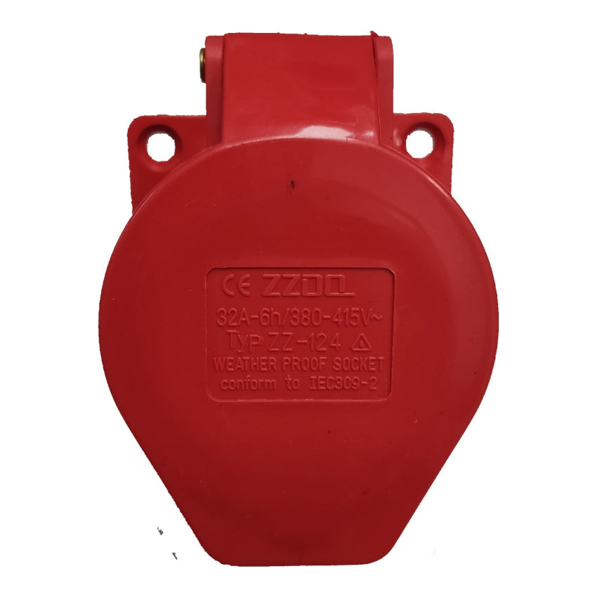Red weatherproof socket with CE and ZZDQL branding on a white background