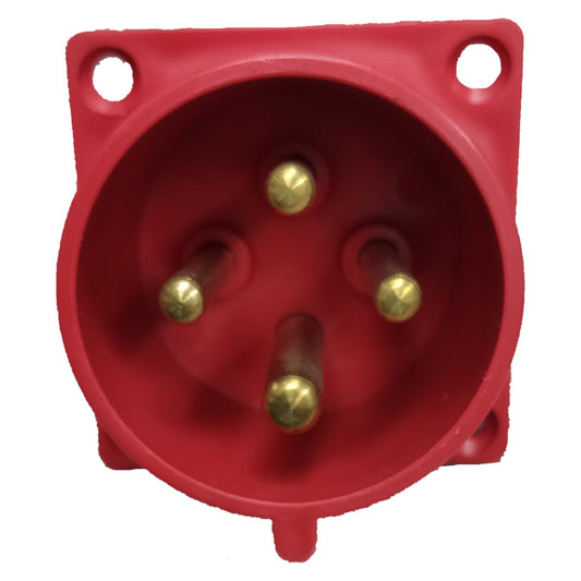 Red electrical plug with gold contacts on a white background