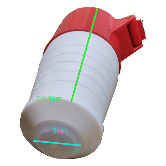 White container with red lid and measurement markings on a white background