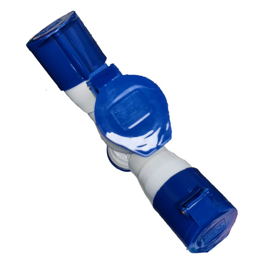 Blue and white plastic fitting on a white background Grippes 32A Industrial Splitter Connector 2P+E 220V (3 Pins) IP44 1 Male to 3 Female 1x3 1023 IEC309-2 Electx Electrical Supply