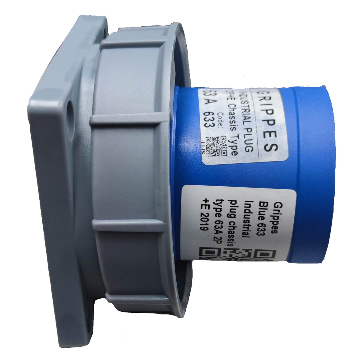 Gray and blue industrial plug with Grippes branding on a white background