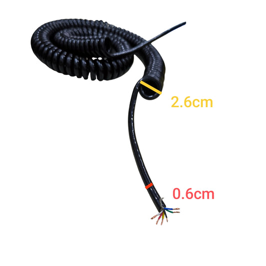 Black coiled cable with measurements on a white background