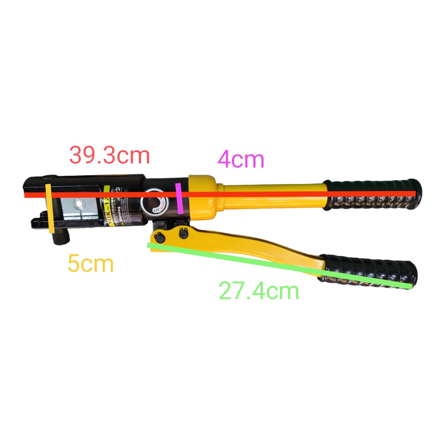 Hose cutter with measurements labeled on a white background