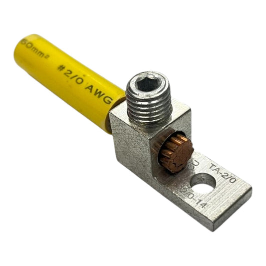 Metal electrical connector with yellow insulated terminal on a white background