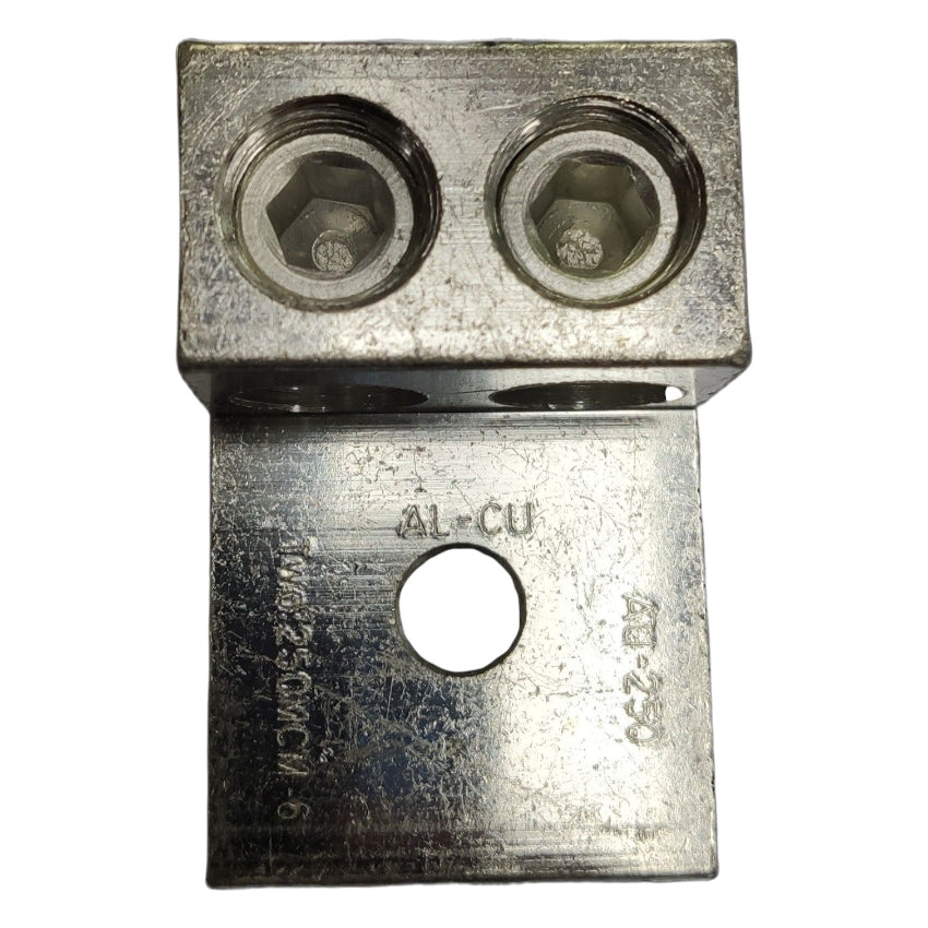 Metal electrical connector with two holes and a central hole on a white background