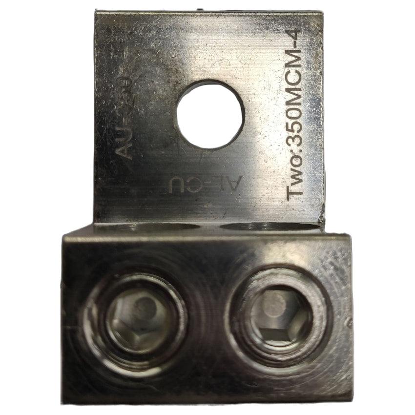 Metal electrical connector with threaded ports on a white background