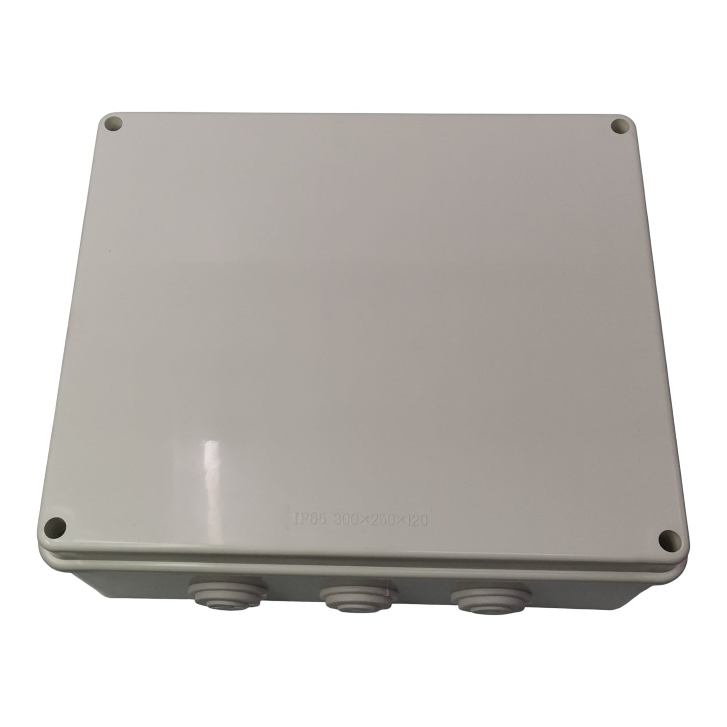 Gray rectangular plastic enclosure with four mounting holes on a white background