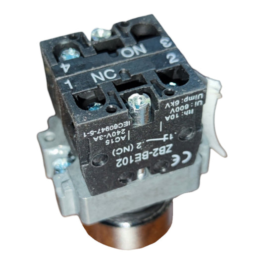 A small black and silver electrical contactor or relay component with terminal markings 1 through 4, white printed text including 'ON', 'NC', and 'ZB2-BE102', photographed on a plain white background.